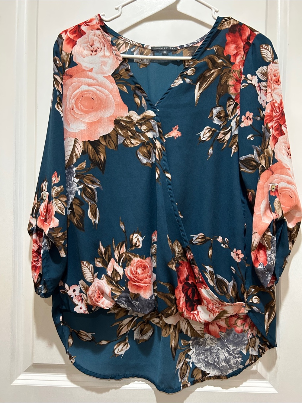 West Kei Teal Wrap-Style Blouse with Pink Rose Print